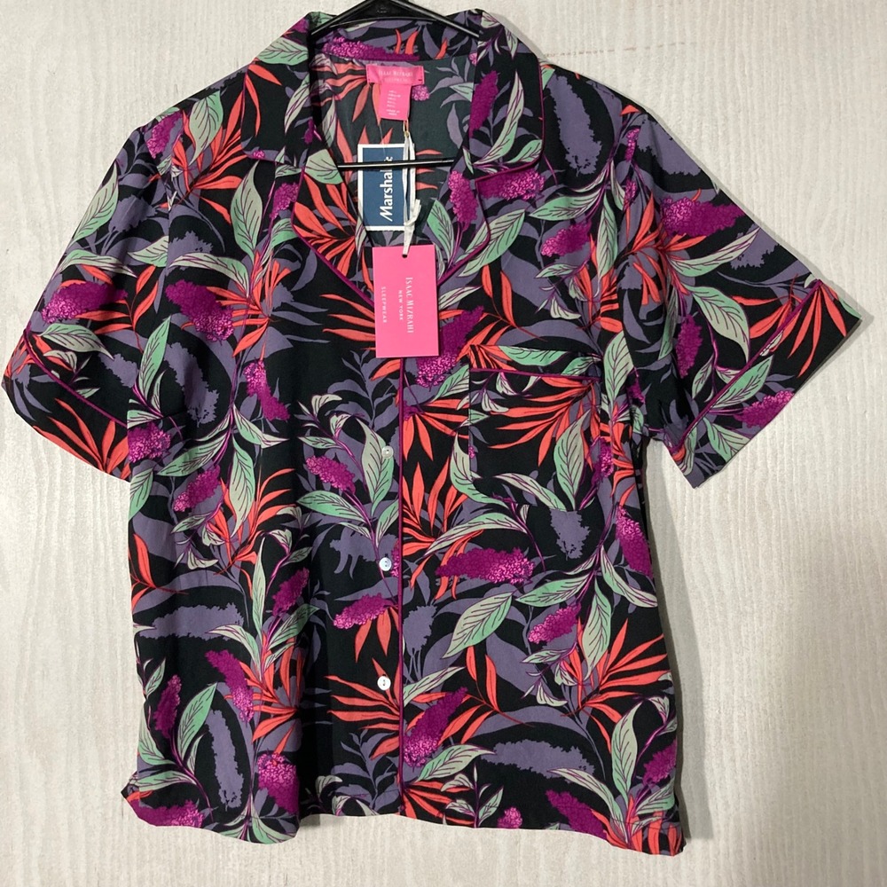 Isaac Mizrahi Pajama Top Women Large Black Floral NWT Short Sleeve Button Up
